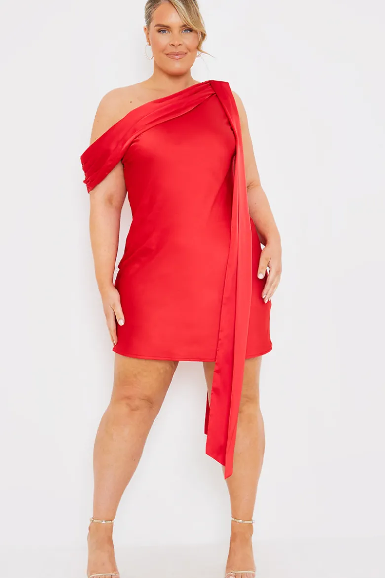 Satin Asymmetric Draped Neckline Mini Dress