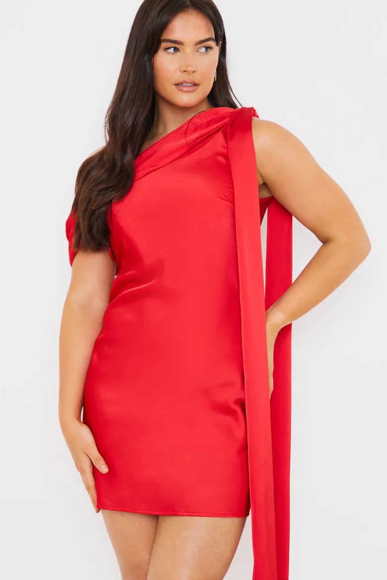 Satin Asymmetric Draped Neckline Mini Dress