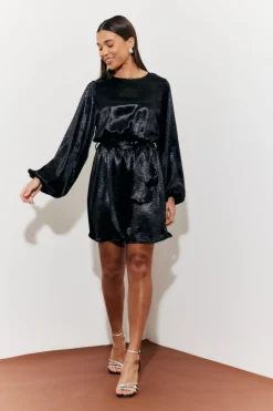 Satin Balloon Sleeve Belted Mini Dress