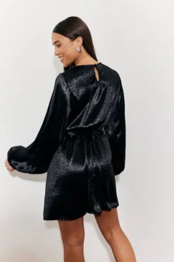 Satin Balloon Sleeve Belted Mini Dress