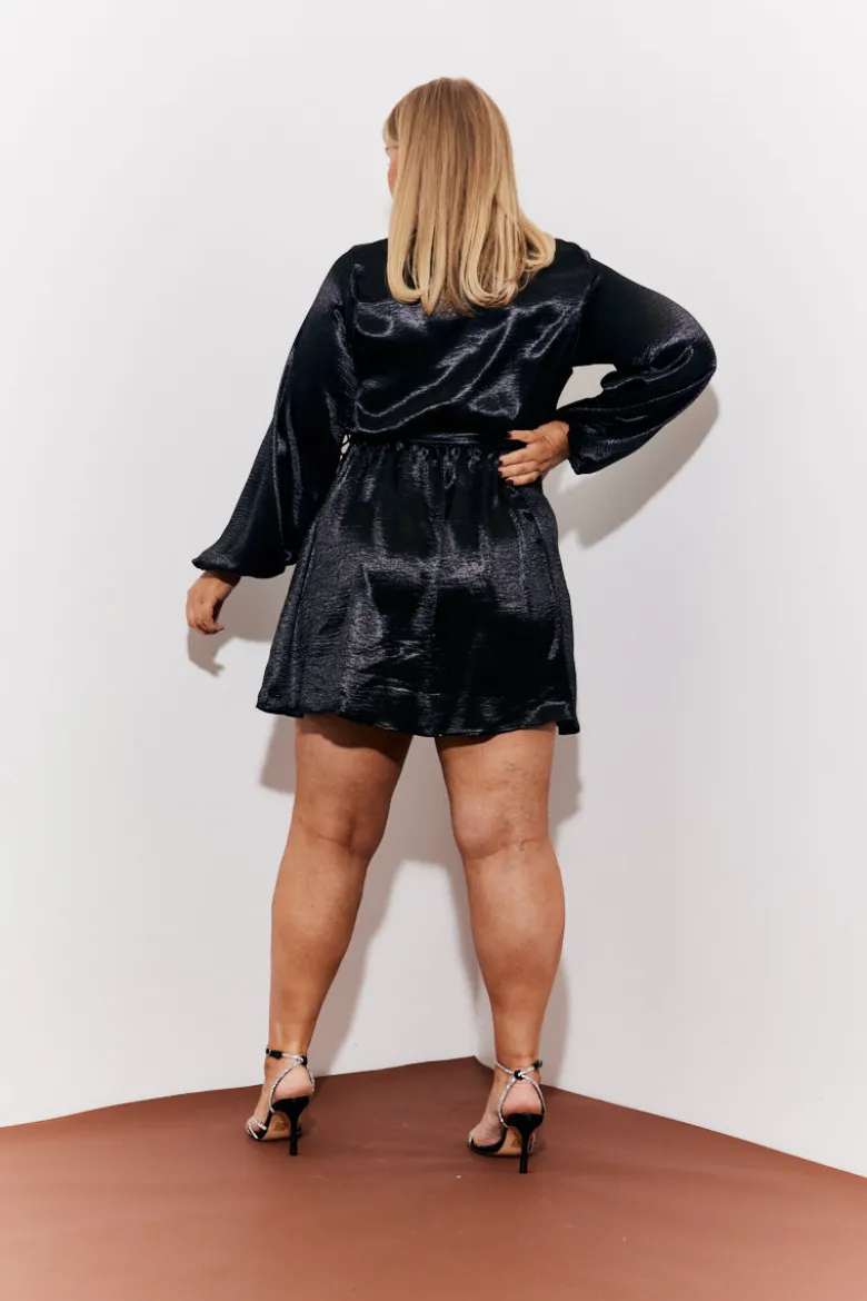 Satin Balloon Sleeve Belted Mini Dress