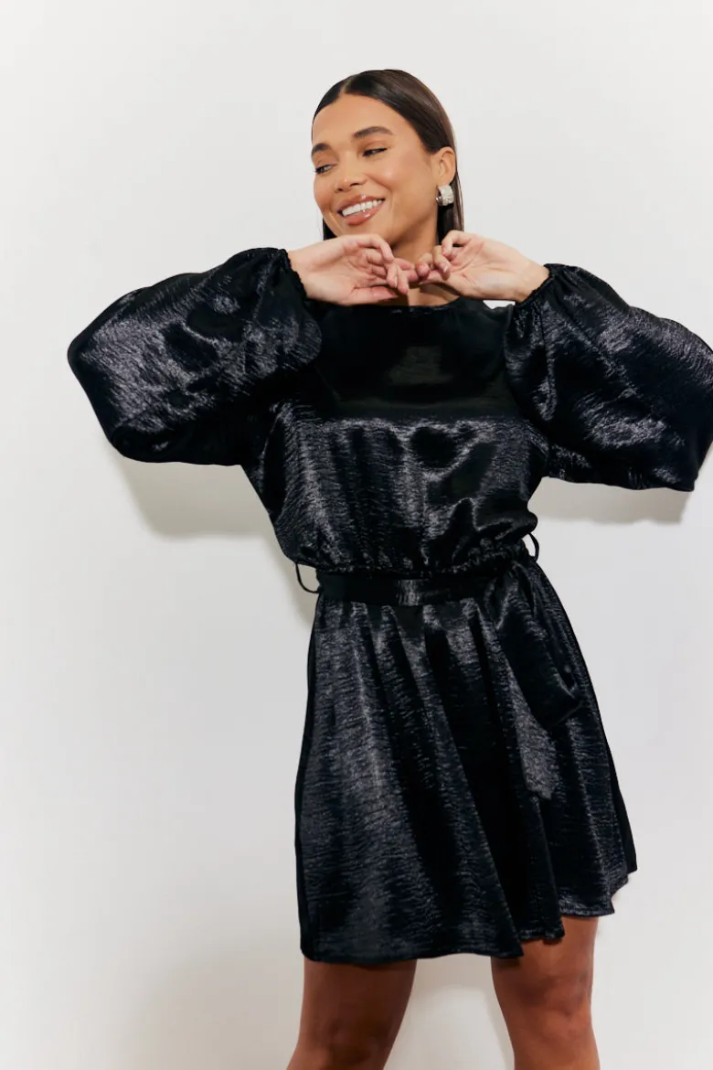 Satin Balloon Sleeve Belted Mini Dress