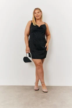 Satin Hotfix Cowl Neck Mini Dress