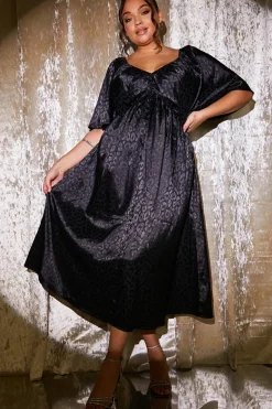 Satin Jacquard Flutter Midi Dress