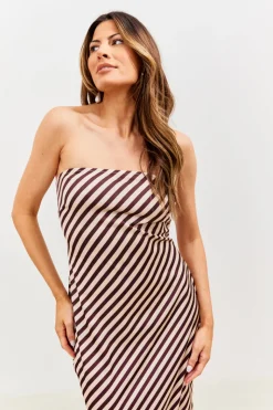 Satin Stripe Bandeau Maxi Dress