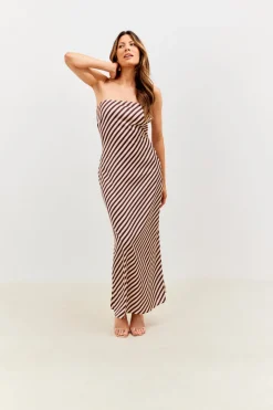 Satin Stripe Bandeau Maxi Dress