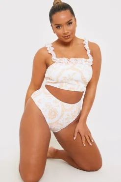 Scarf Print Shirred High Waisted Bikini Bottom