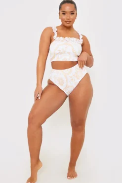 Scarf Print Shirred High Waisted Bikini Bottom