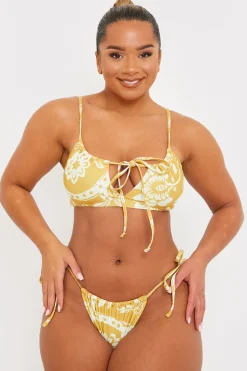 Scarf Print Tie Front Scoop Neck Bikini Top