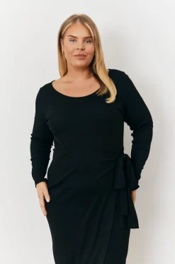 Scoop Neck Ribbed Long Sleeve Bodycon Wrap Midi Dress