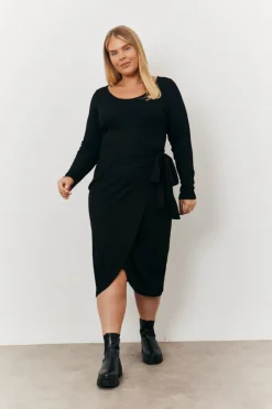 Scoop Neck Ribbed Long Sleeve Bodycon Wrap Midi Dress