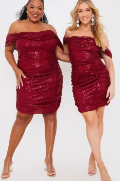 Sequin Bardot Ruched Mini Dress