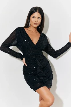 Sequin Draped Frill Front Mini Dress