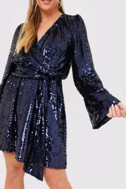 Sequin Kimono Sleeve Drape Tie Dress