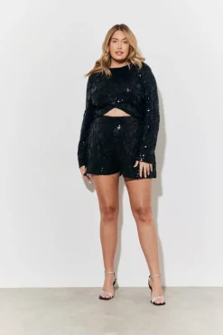 Sequin Lace Curve Hem Top
