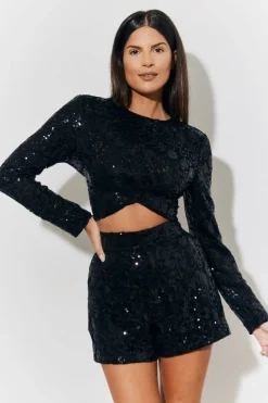Sequin Lace Curve Hem Top