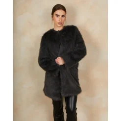 Shaggy Faux Fur Coat in Grey