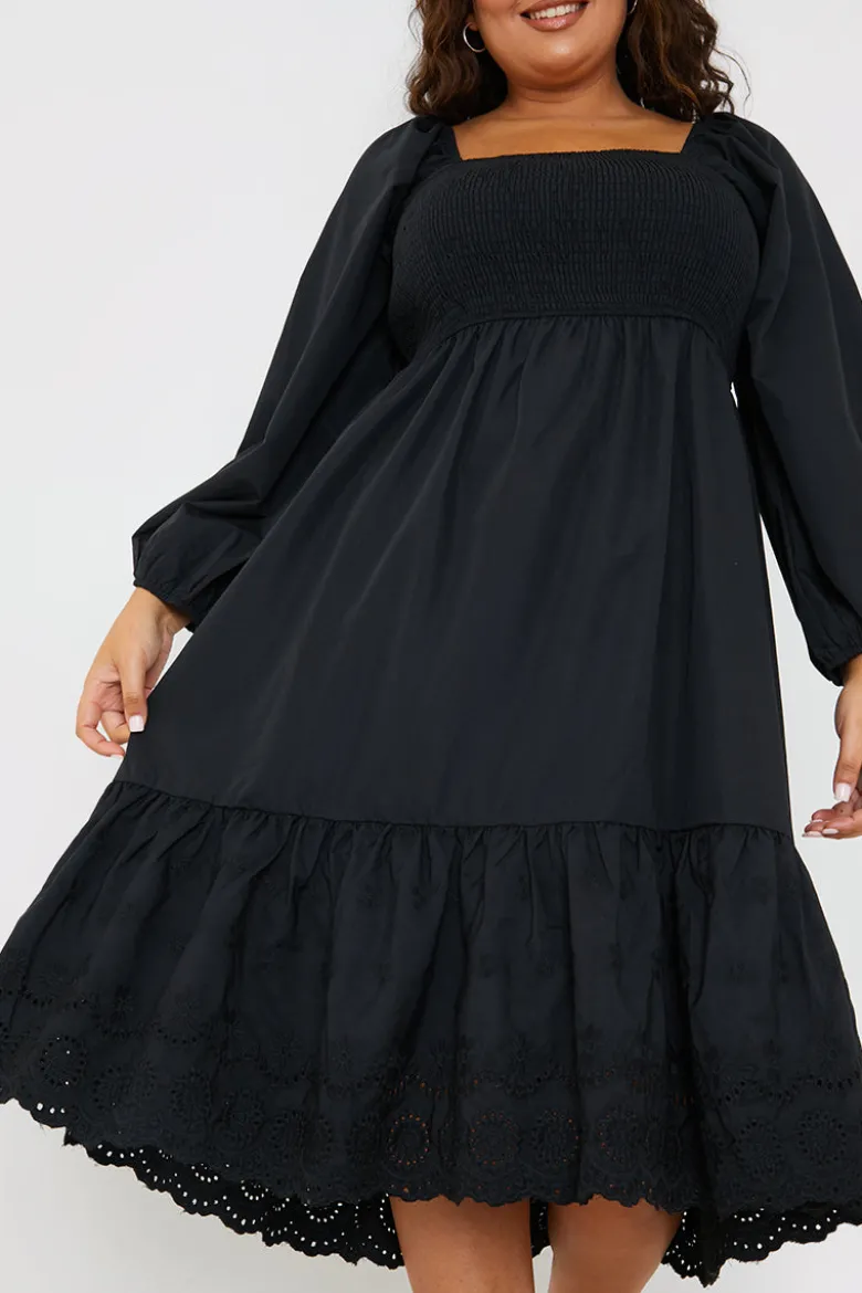 Shirred Puff Sleeve Frill Hem Midi Dress