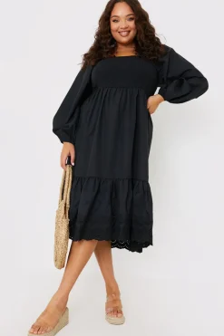 Shirred Puff Sleeve Frill Hem Midi Dress