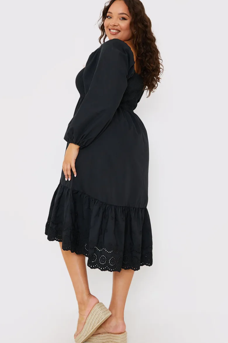 Shirred Puff Sleeve Frill Hem Midi Dress