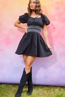 Short Sleeve Milkmaid Dress With Embroidery Detail