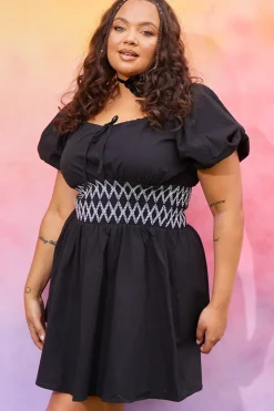 Short Sleeve Milkmaid Dress With Embroidery Detail