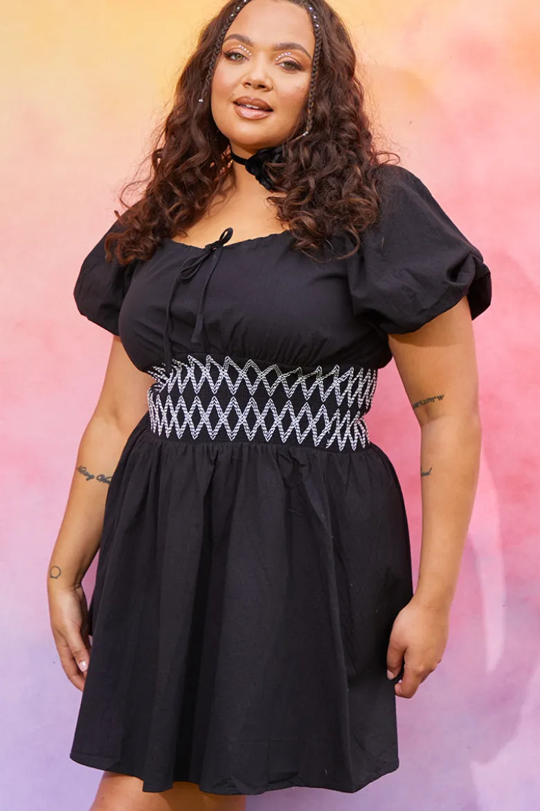 Short Sleeve Milkmaid Dress With Embroidery Detail
