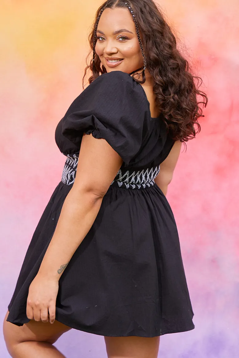 Short Sleeve Milkmaid Dress With Embroidery Detail