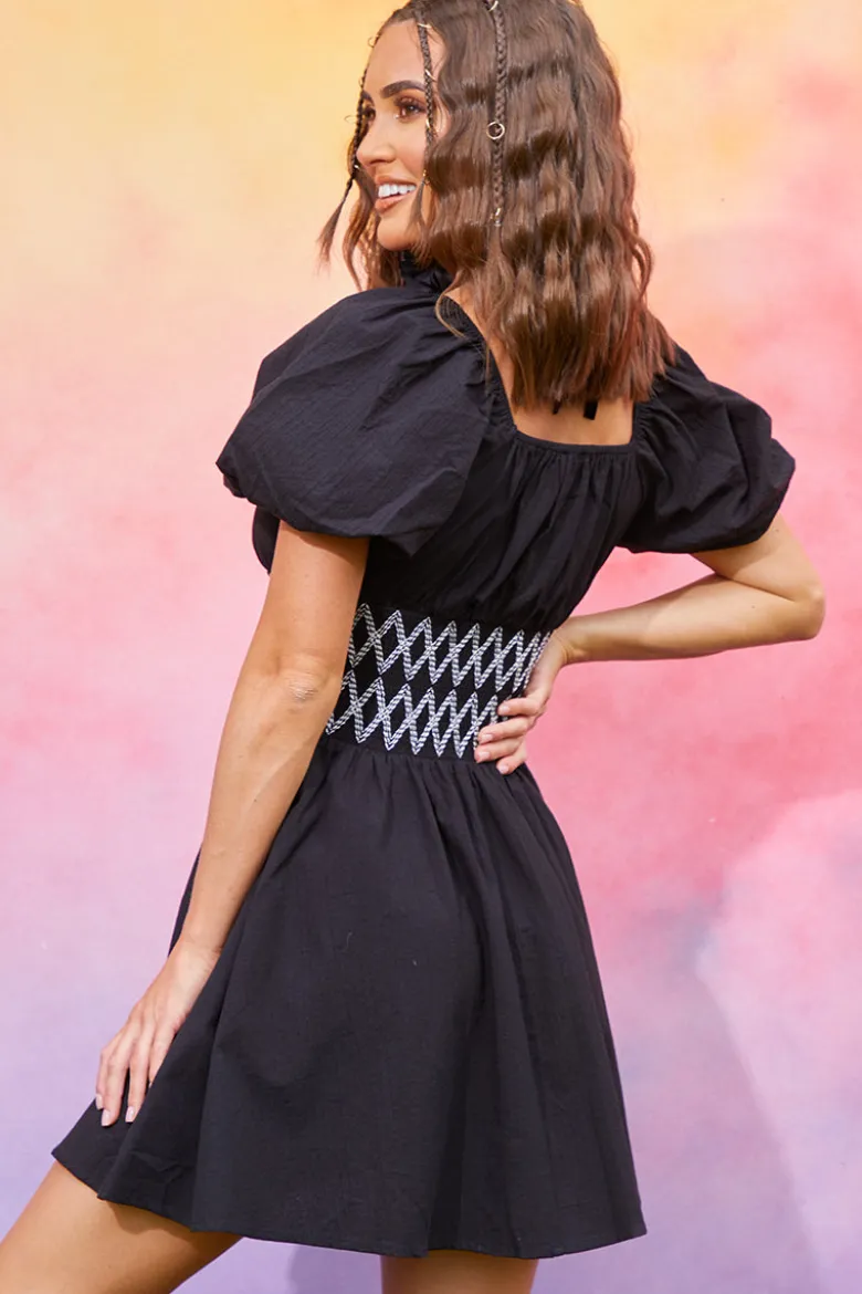 Short Sleeve Milkmaid Dress With Embroidery Detail