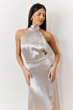 Silver Liquid Satin Halterneck Split Detail Maxi Dress