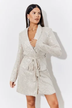 Silver Sequin Belted Blazer Dress