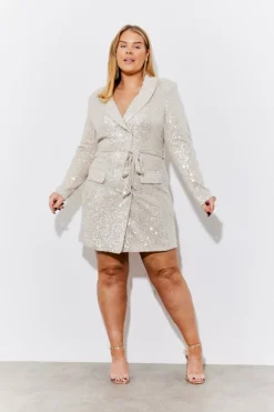 Silver Sequin Belted Blazer Dress