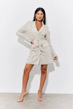 Silver Sequin Belted Blazer Dress