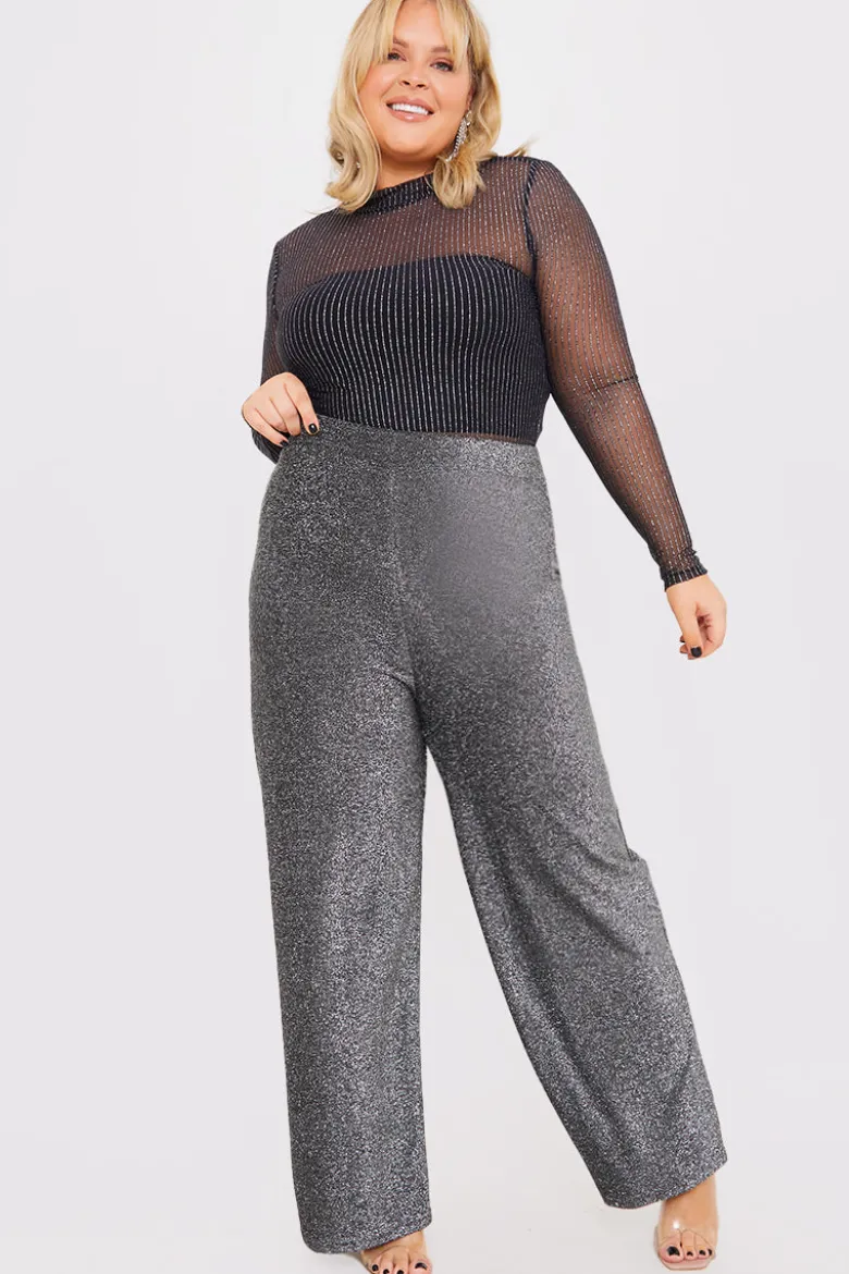 Silver Sparkle Jersey Wide Leg Trousers