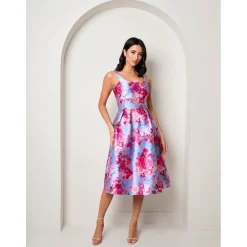 Sleeveless Floral Fit and Flare Midi Dress in Blue