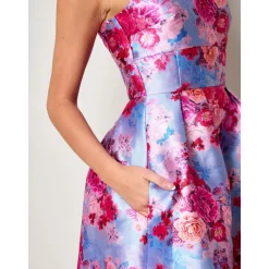 Sleeveless Floral Fit and Flare Midi Dress in Blue