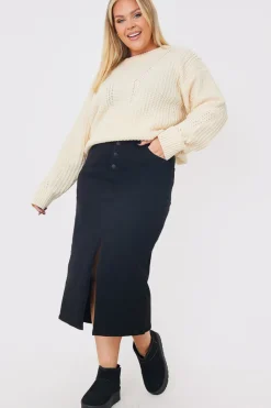 Split Hem Denim Midi Skirt