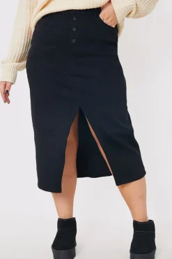 Split Hem Denim Midi Skirt