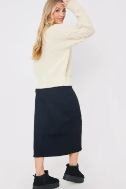 Split Hem Denim Midi Skirt