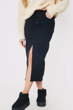 Split Hem Denim Midi Skirt