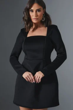 Square Neck Cinched Waist Structured Mini Dress