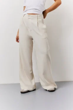 Stone Linen Blend Tailored Wide Leg Trouser