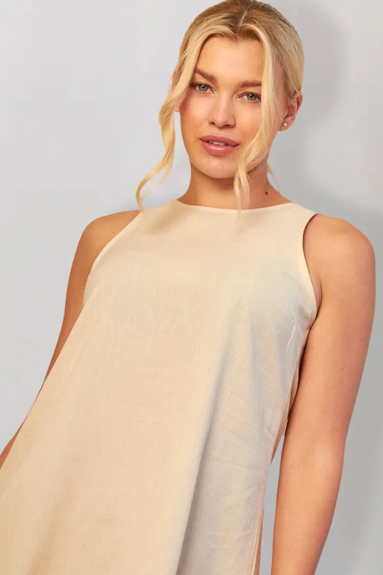 Stone Linen High Neck Sleeveless Smock Mini Dress