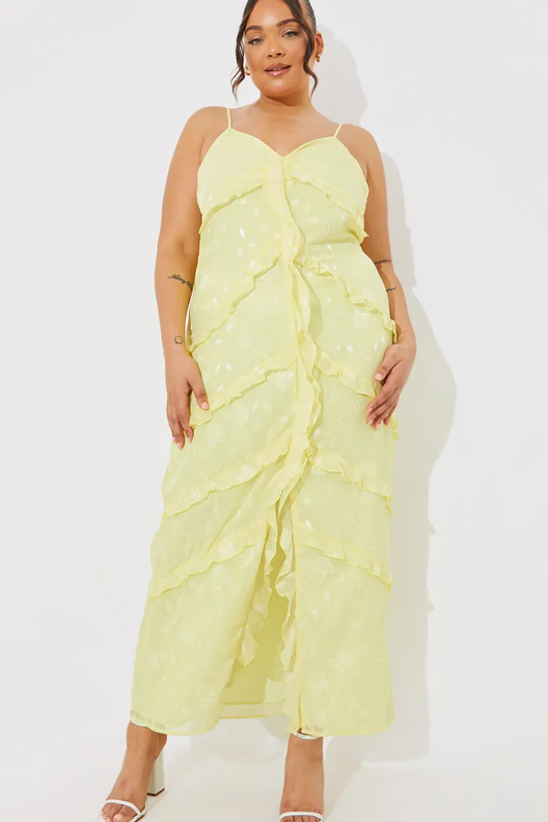 Strappy Floral Jacquard Ruffle Maxi Dress