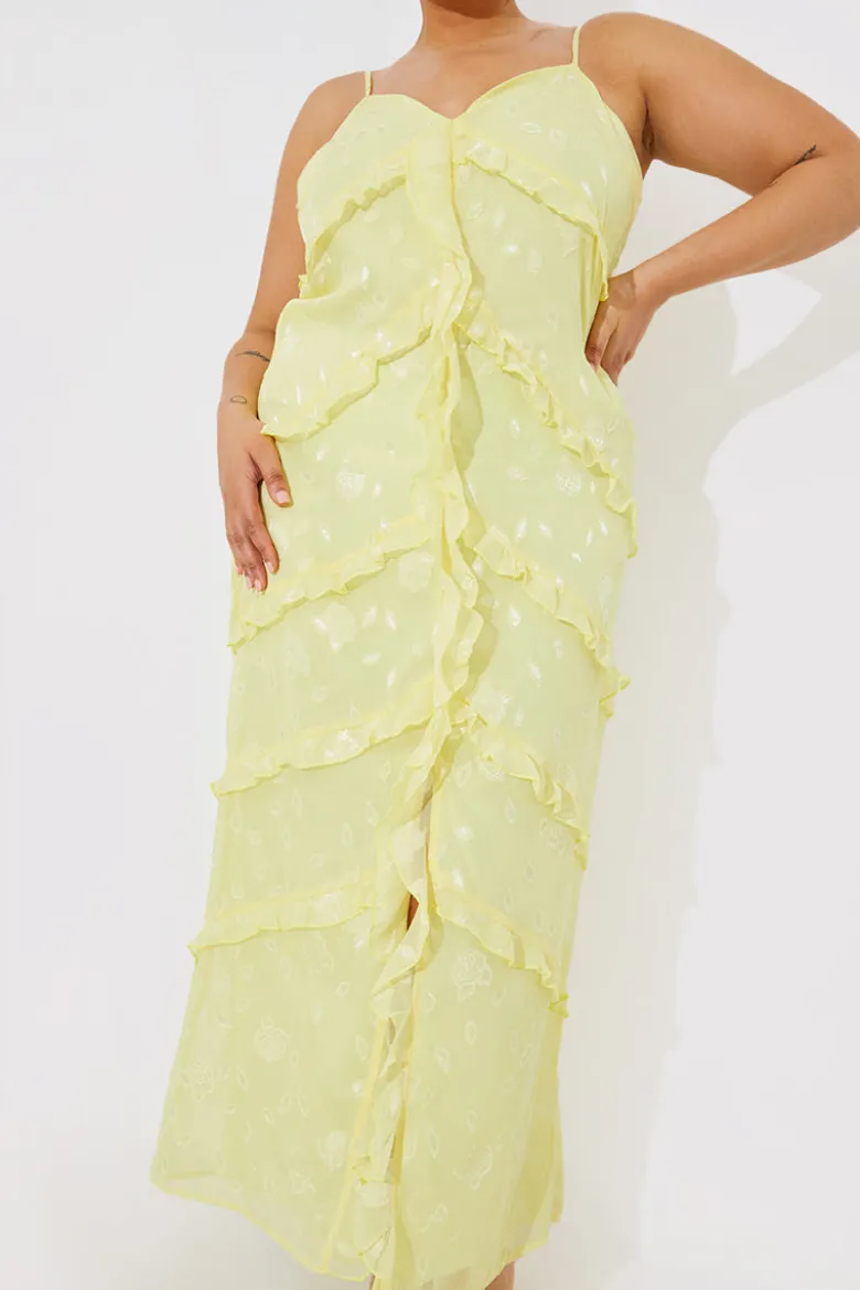 Strappy Floral Jacquard Ruffle Maxi Dress
