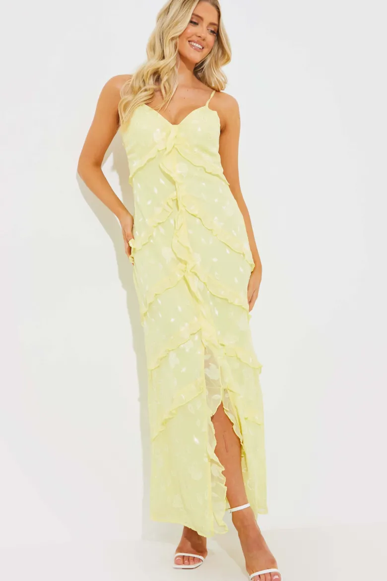 Strappy Floral Jacquard Ruffle Maxi Dress