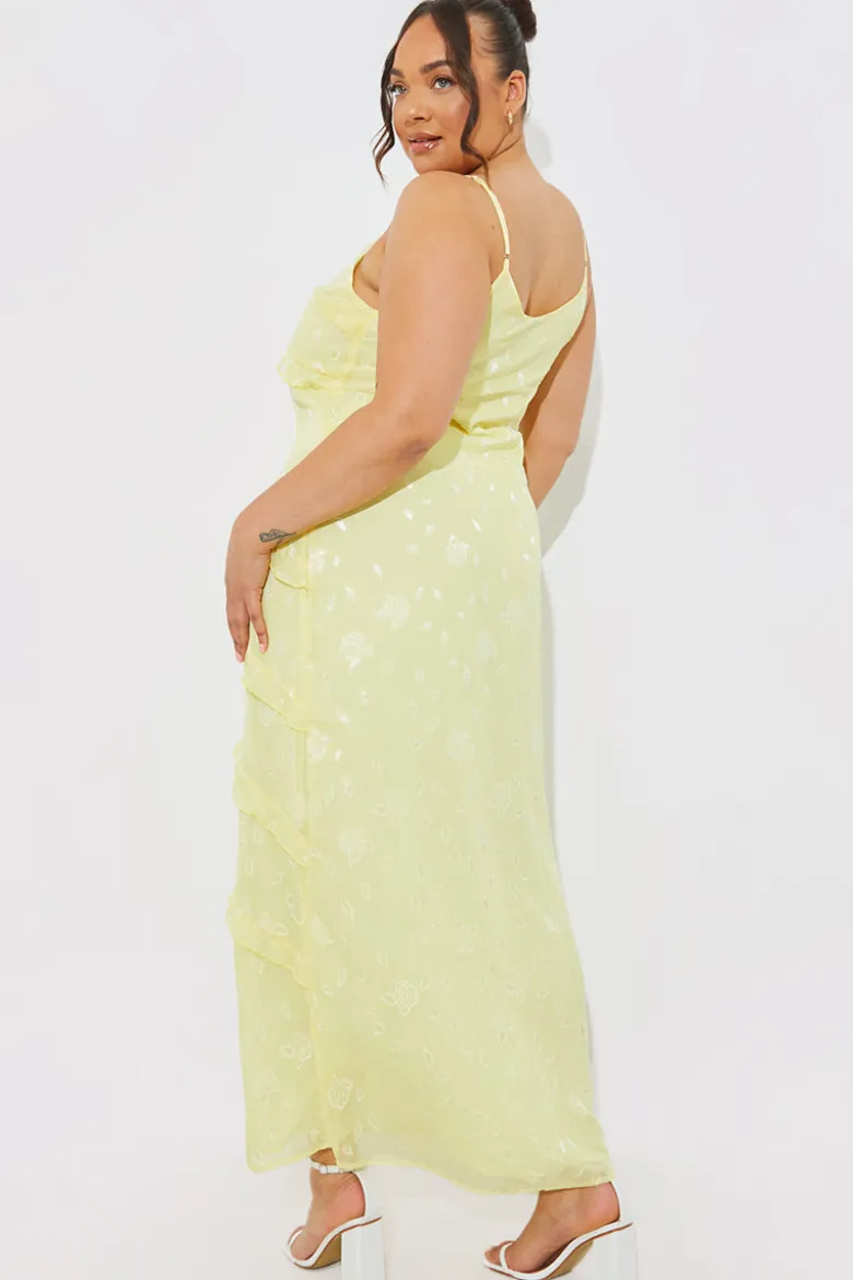 Strappy Floral Jacquard Ruffle Maxi Dress