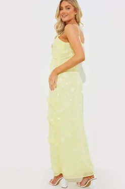Strappy Floral Jacquard Ruffle Maxi Dress