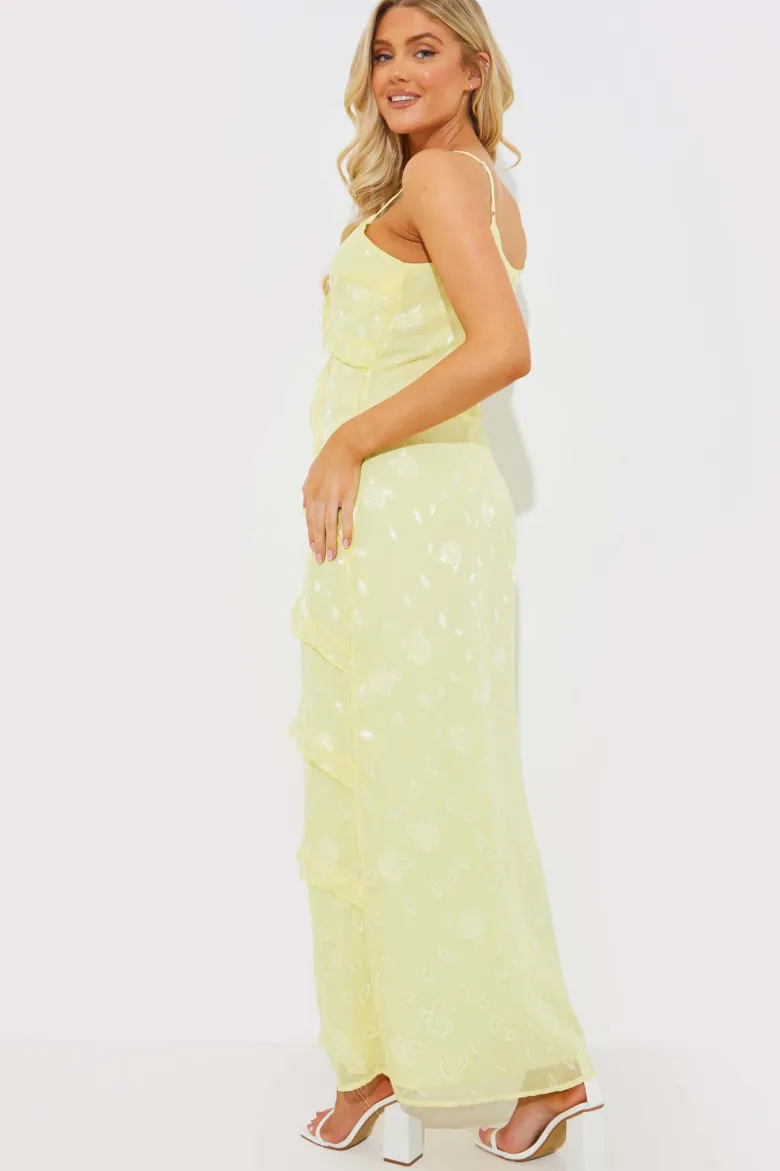 Strappy Floral Jacquard Ruffle Maxi Dress