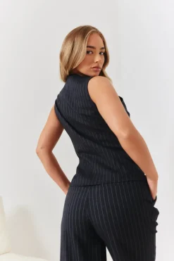 Tailored Pinstripe Round Neck Button Through Co-ord Waistcoat